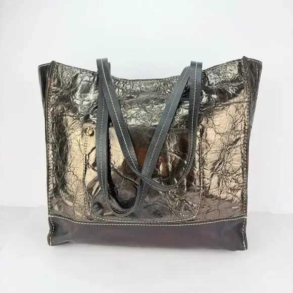 Patricia Nash 2 Tone Silver Bronze Studded Large Black Leather Shoulder tote bag - Picture 3 of 12